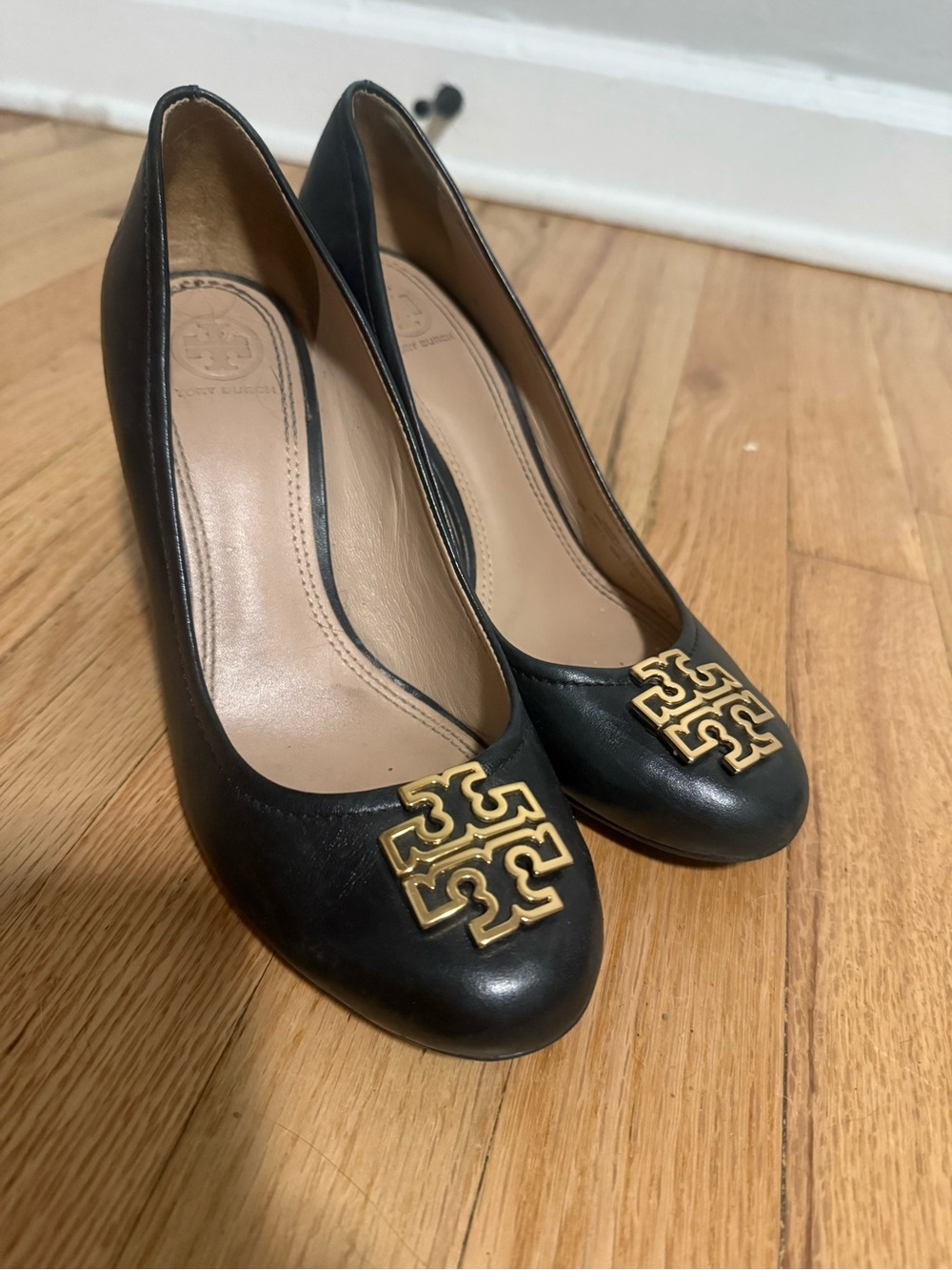 Tory Burch Black Leather Heels with Gold Logo Accent